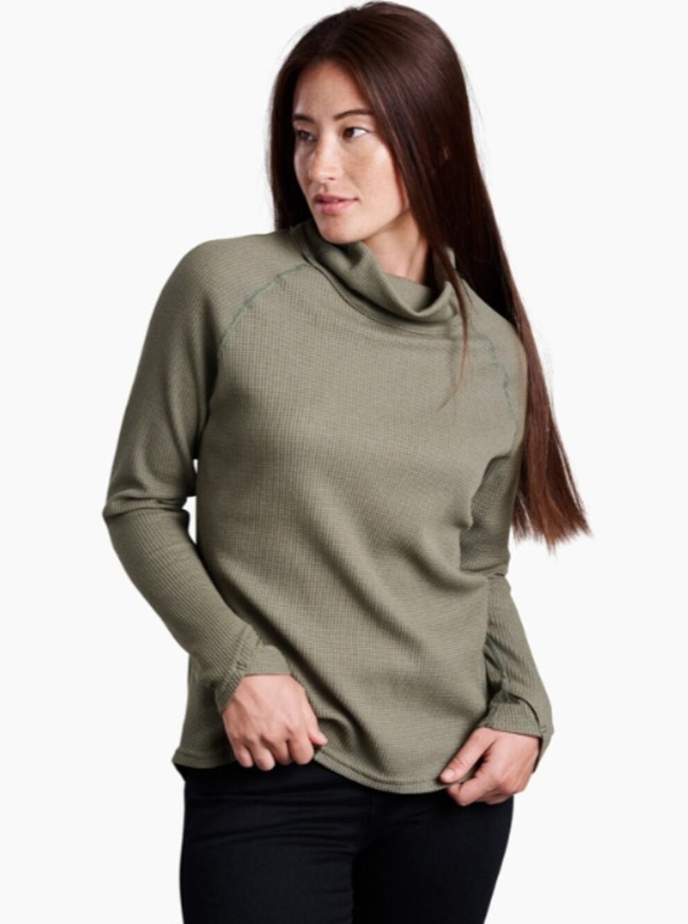 KÜHL Petra Turtleneck Olive Green Sage Waffle Knit Cowl Neck Raglan Top Size M